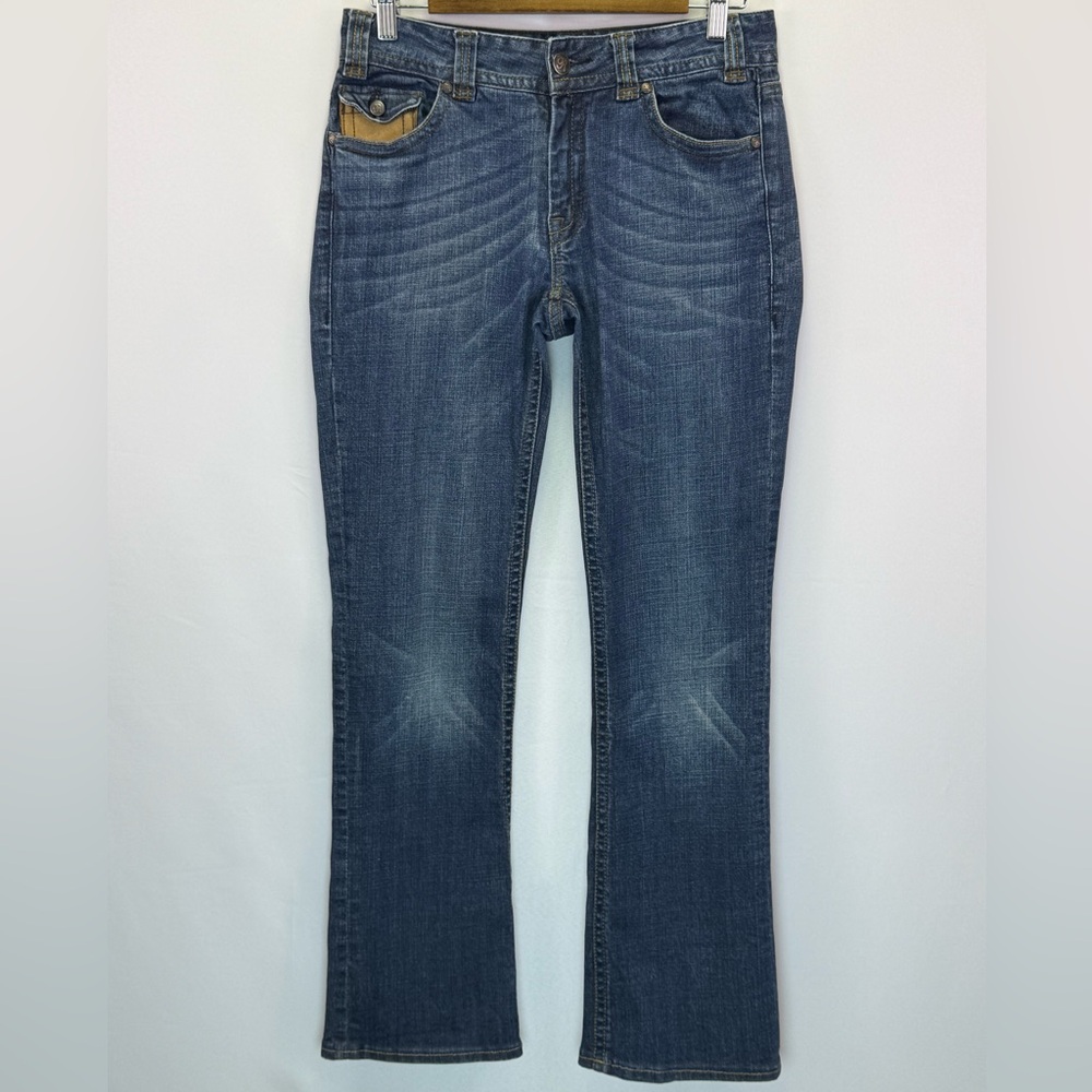 Rock And Roll Cowgirl Mid Rise Bootcut Jeans Faux Leather Pocket Trim Size 29x34